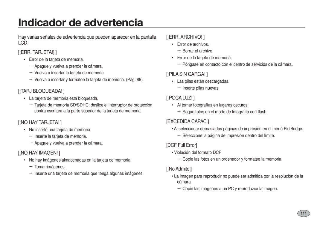 Samsung EC-I100ZRBA/E3 Indicador de advertencia, DCF Full Error, ¡No Admite, 1111, La tarjeta de memoria está bloqueada 