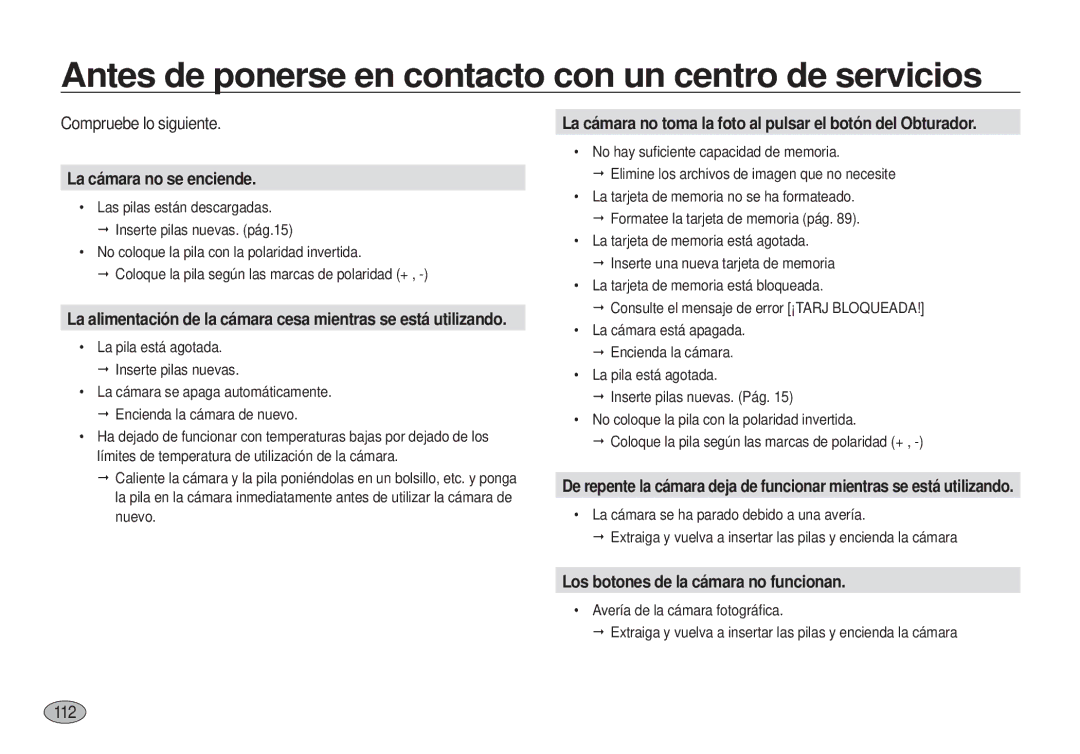 Samsung EC-I100ZBBA/E3 manual Antes de ponerse en contacto con un centro de servicios, Compruebe lo siguiente, 112 