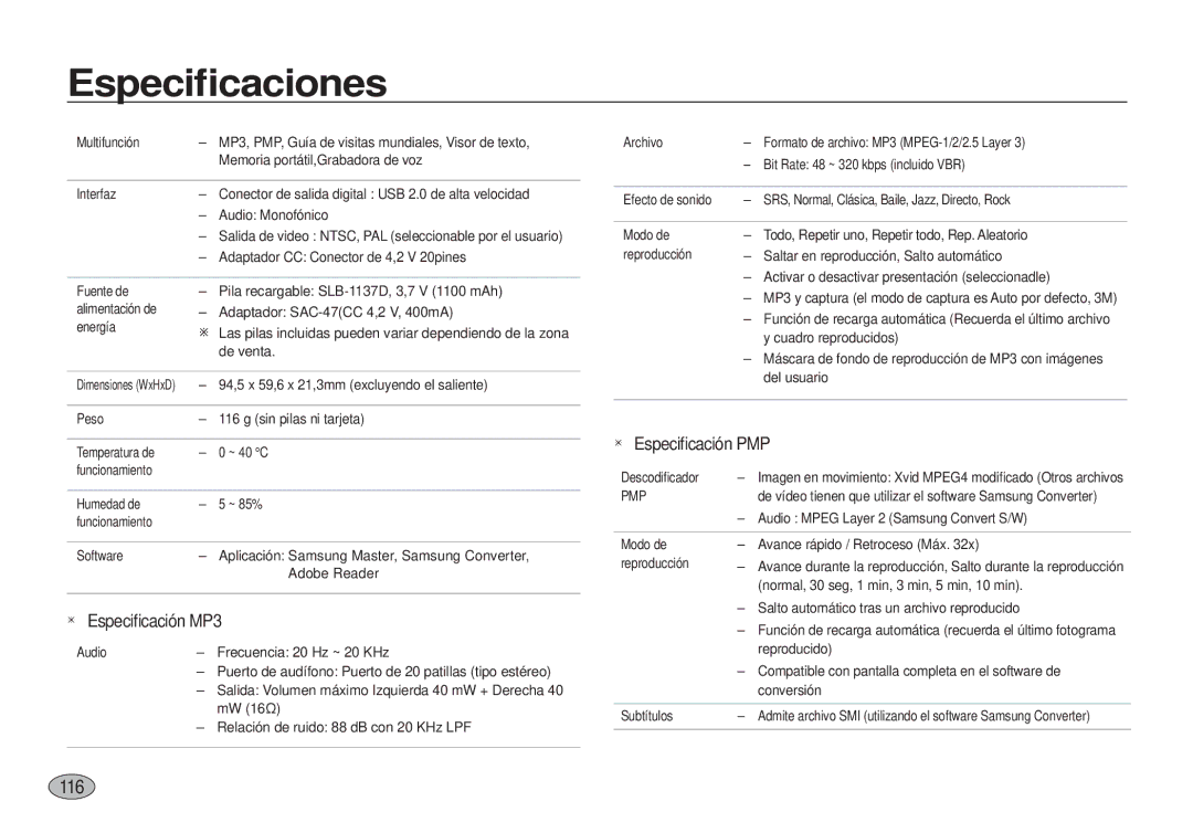 Samsung EC-I100ZRBA/E3, EC-I100ZGBA/E3, EC-I100ZSBA/E3, EC-I100ZBBA/E3, EC-I100ZSBA/E1 manual 116, Pmp 