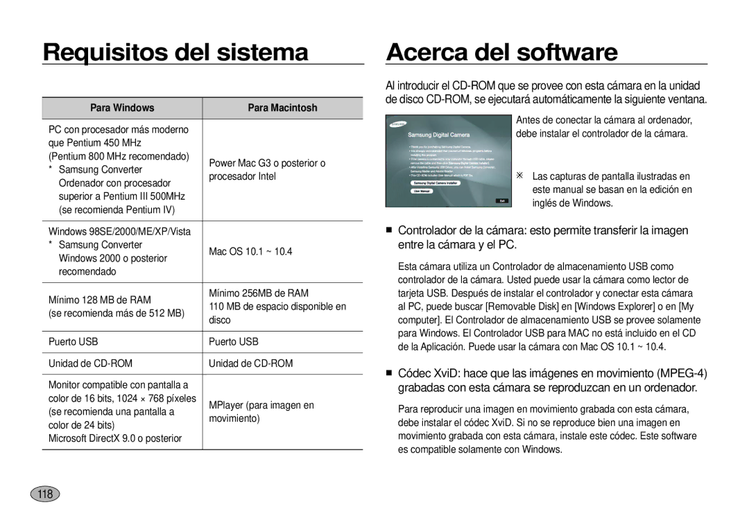 Samsung EC-I100ZSBA/E1, EC-I100ZGBA/E3 manual Requisitos del sistema, Acerca del software, 118, Para Windows Para Macintosh 