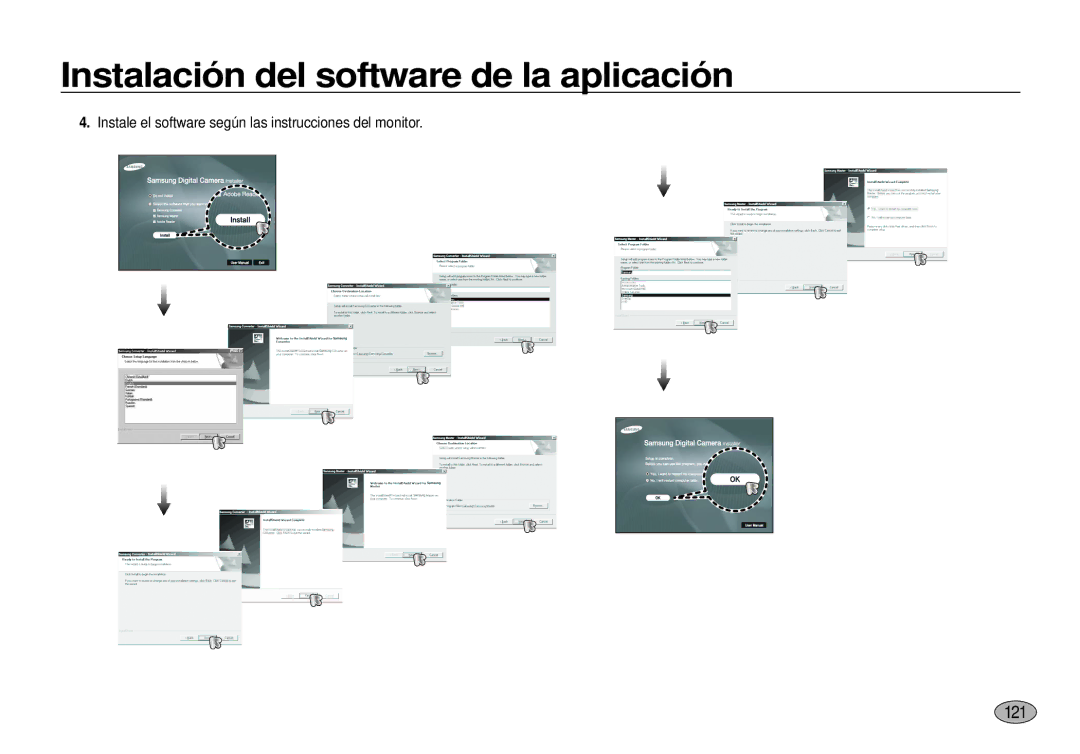 Samsung EC-I100ZRBA/E3, EC-I100ZGBA/E3, EC-I100ZSBA/E3 manual 121, Instale el software según las instrucciones del monitor 