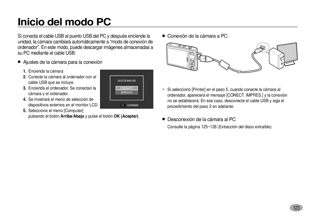 Samsung EC-I100ZSBA/E1 manual Inicio del modo PC, Ajustes de la cámara para la conexión, Conexión de la cámara a PC, 123 