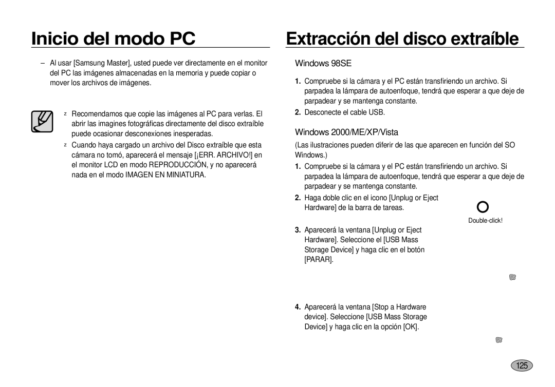 Samsung EC-I100ZSBA/E3, EC-I100ZGBA/E3 manual Extracción del disco extraíble, Windows 98SE, Windows 2000/ME/XP/Vista, 125 