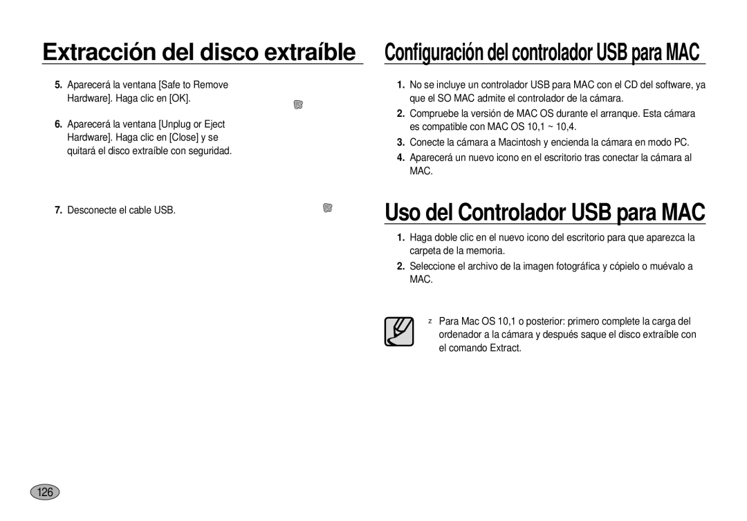 Samsung EC-I100ZRBA/E3, EC-I100ZGBA/E3, EC-I100ZSBA/E3, EC-I100ZBBA/E3 manual Conﬁguración del controlador USB para MAC, 126 