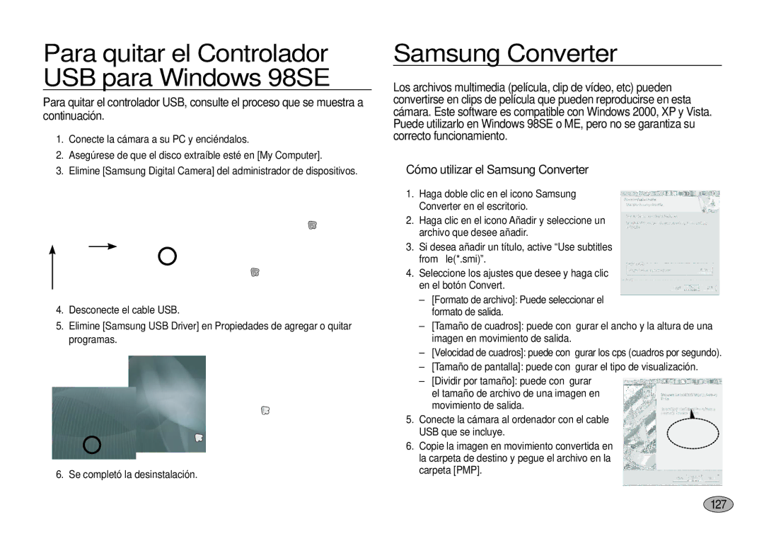 Samsung EC-I100ZBBA/E3, EC-I100ZGBA/E3 manual Para quitar el Controlador USB para Windows 98SE, Samsung Converter, 127 