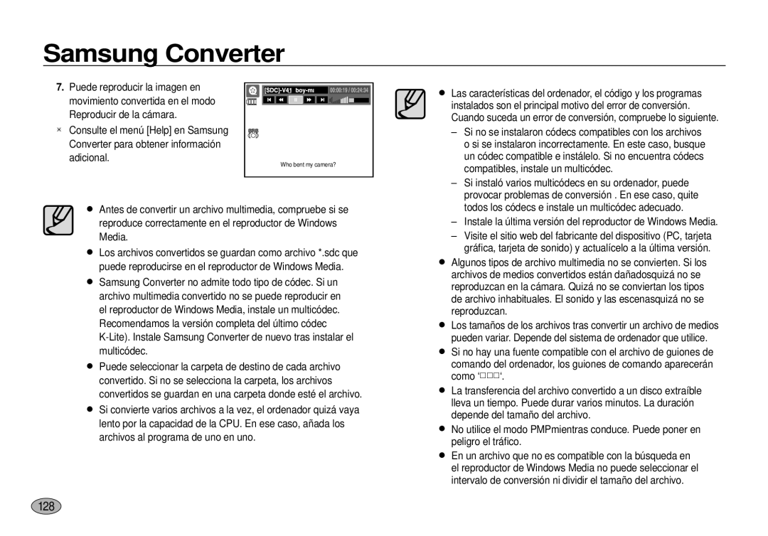 Samsung EC-I100ZSBA/E1, EC-I100ZGBA/E3, EC-I100ZSBA/E3, EC-I100ZRBA/E3 manual 128, Compatibles, instale un multicódec 