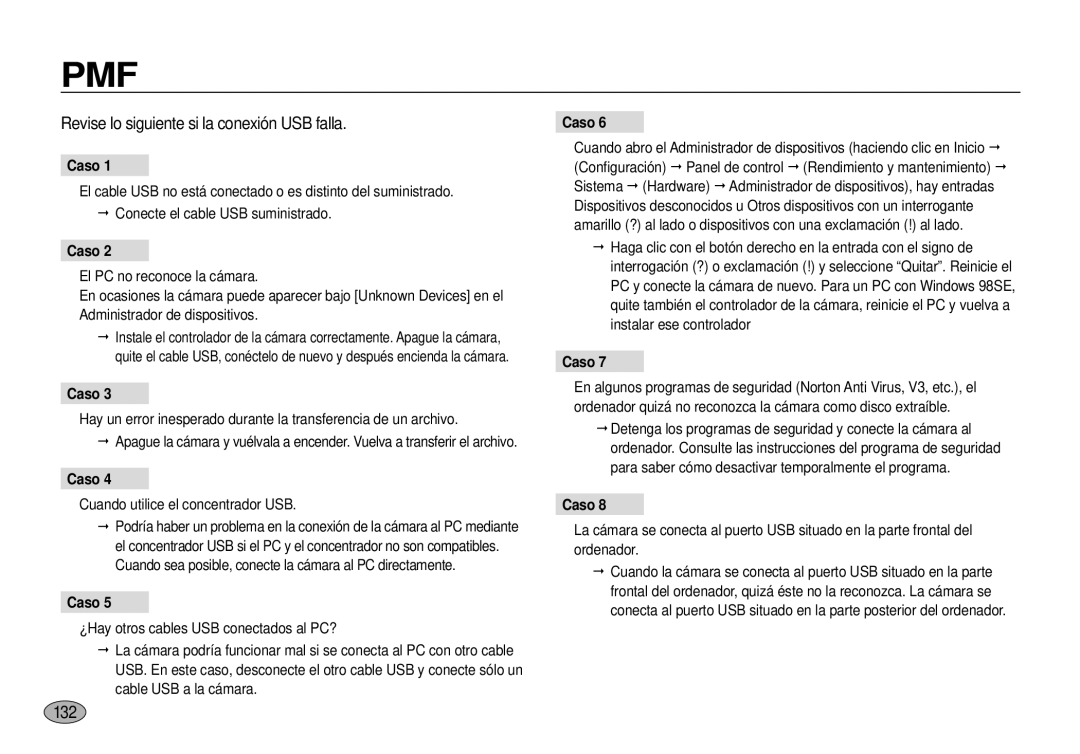 Samsung EC-I100ZBBA/E3 manual Revise lo siguiente si la conexión USB falla, 132, Caso, Cuando utilice el concentrador USB 