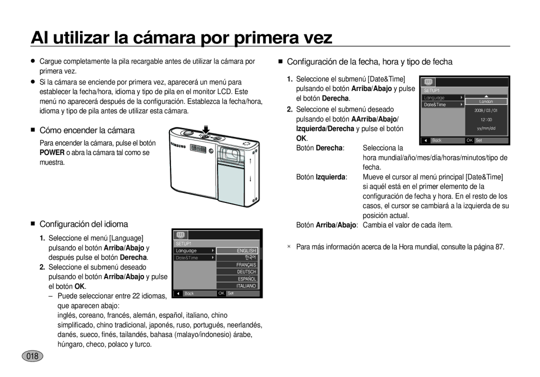 Samsung EC-I100ZSBA/E1 manual Al utilizar la cámara por primera vez, Cómo encender la cámara, Conﬁguración del idioma, 018 