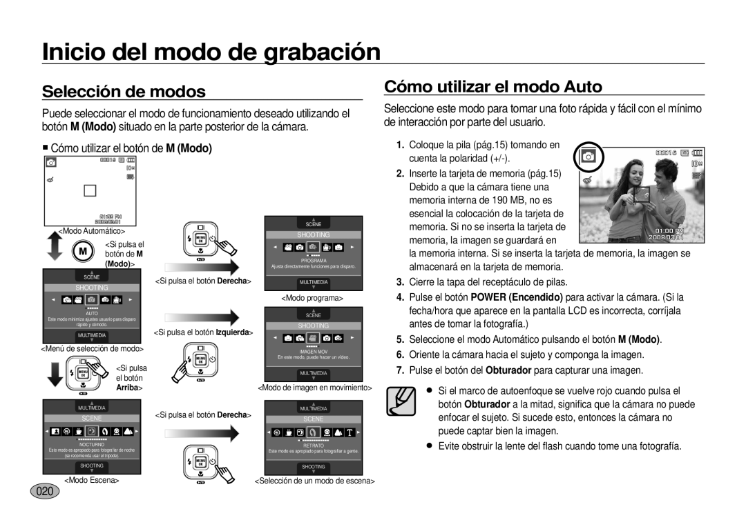 Samsung EC-I100ZSBA/E3, EC-I100ZGBA/E3 Inicio del modo de grabación, Selección de modos, Cómo utilizar el modo Auto, 020 