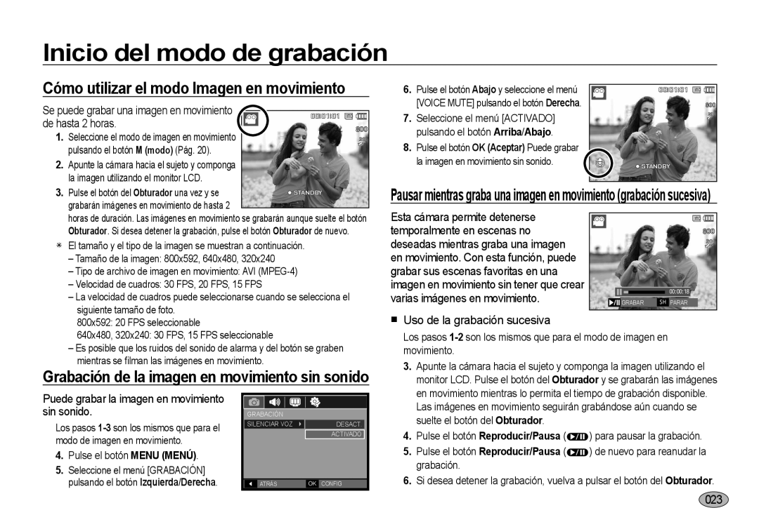 Samsung EC-I100ZSBA/E1, EC-I100ZGBA/E3 manual Cómo utilizar el modo Imagen en movimiento, Uso de la grabación sucesiva, 023 