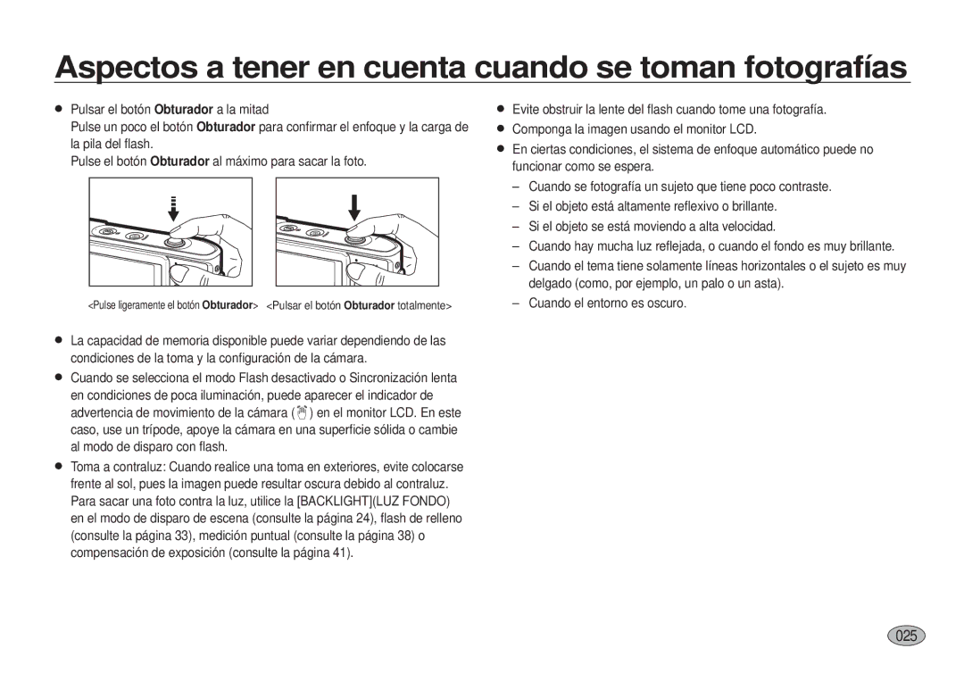 Samsung EC-I100ZSBA/E3, EC-I100ZGBA/E3, EC-I100ZRBA/E3 manual Aspectos a tener en cuenta cuando se toman fotografías, 025 