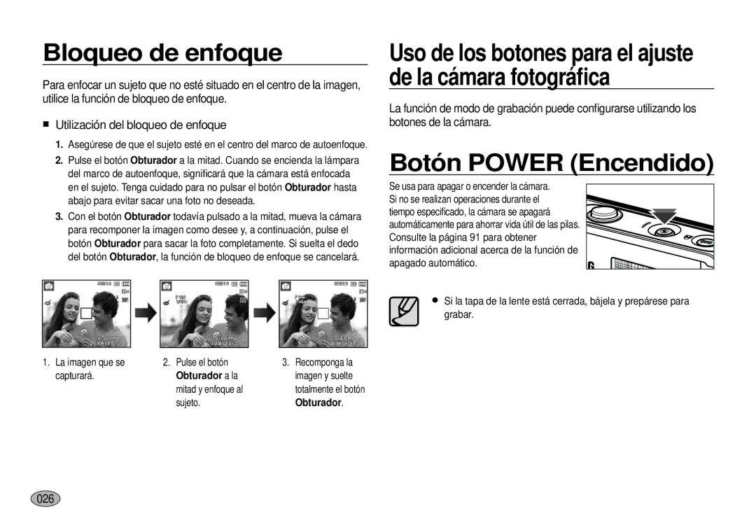 Samsung EC-I100ZRBA/E3, EC-I100ZGBA/E3 manual Bloqueo de enfoque, Botón Power Encendido, 026, La imagen que se capturará 