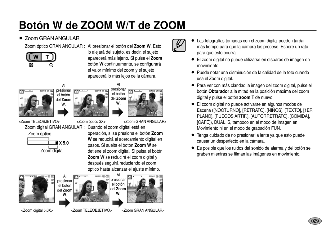 Samsung EC-I100ZGBA/E3 manual Botón W de Zoom W/T de Zoom, Zoom Gran Angular, 029, Zoom digital Gran Angular Zoom óptico 