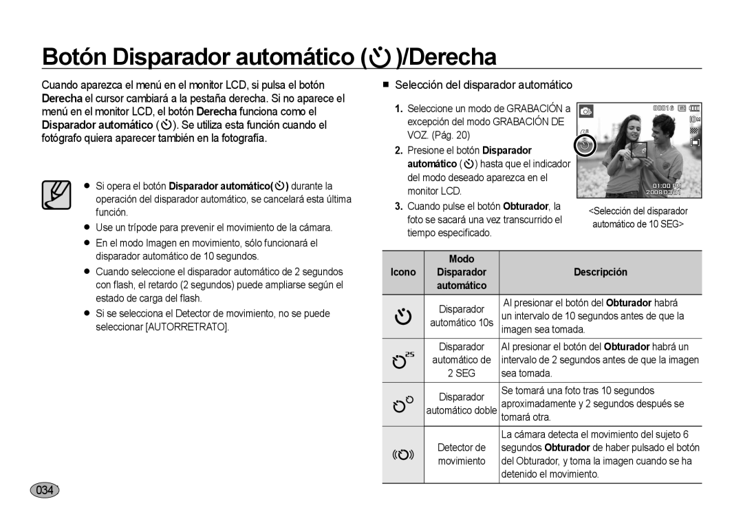 Samsung EC-I100ZGBA/E3 manual Botón Disparador automático /Derecha, Selección del disparador automático, 034, Modo Icono 