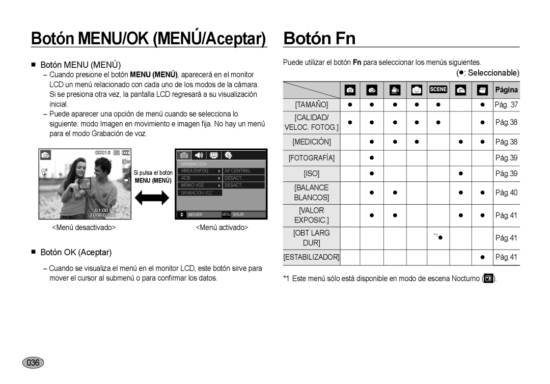 Samsung EC-I100ZRBA/E3, EC-I100ZGBA/E3 Botón MENU/OK MENÚ/Aceptar Botón Fn, Botón Menu Menú, Botón OK Aceptar, 036, Página 