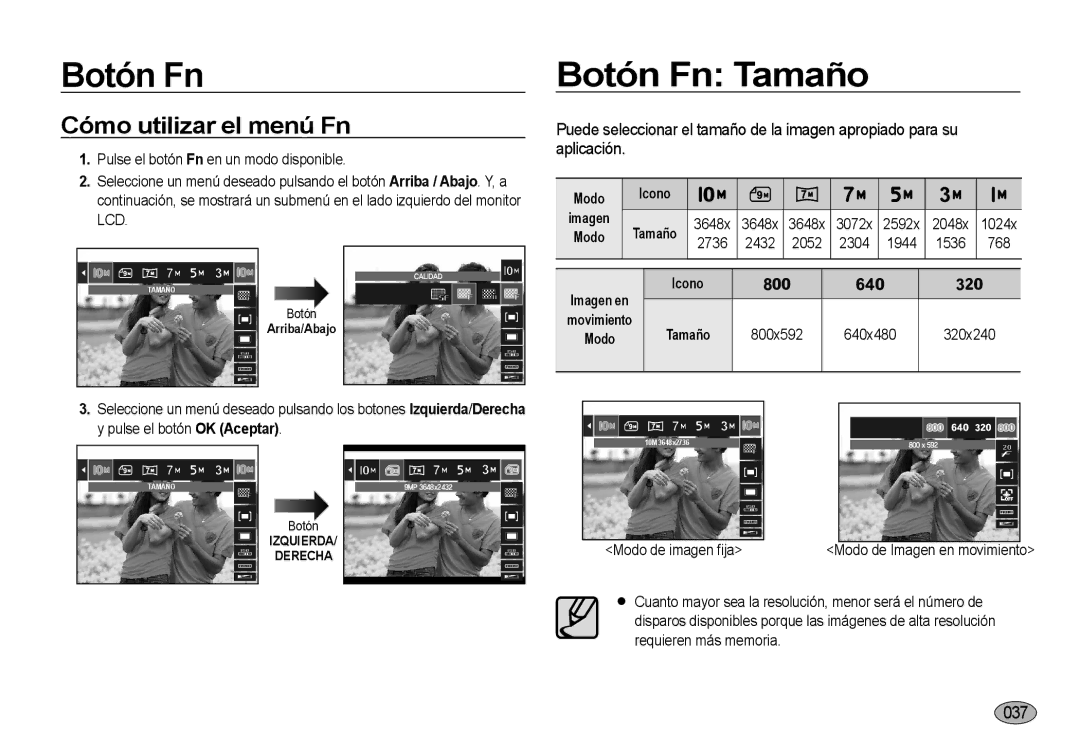 Samsung EC-I100ZBBA/E3, EC-I100ZGBA/E3 manual Botón Fn Tamaño, Cómo utilizar el menú Fn, 037, Tamaño 800x592 640x480 