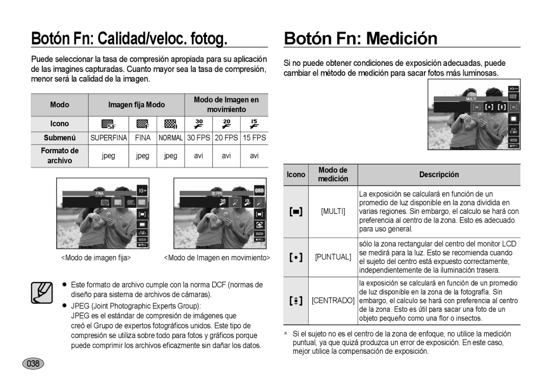 Samsung EC-I100ZSBA/E1 manual Botón Fn Medición, 038, Modo Imagen ﬁja Modo Modo de Imagen en, Icono Modo de Descripción 