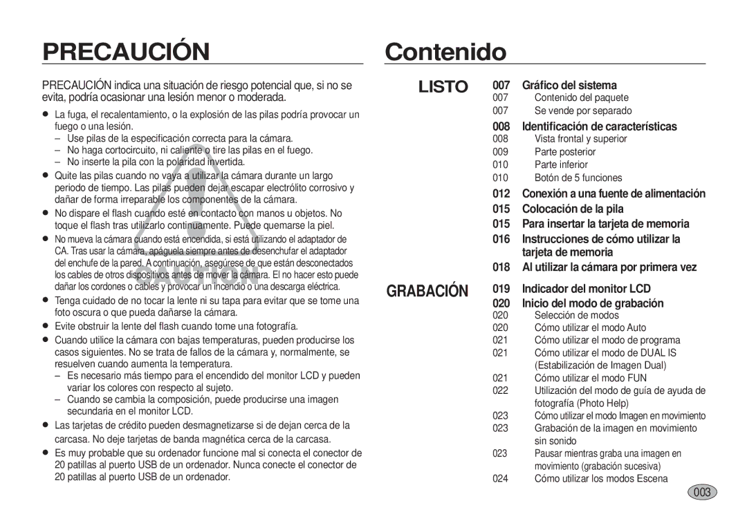 Samsung EC-I100ZSBA/E1 manual Contenido, 0003, Conexión a una fuente de alimentación, Al utilizar la cámara por primera vez 