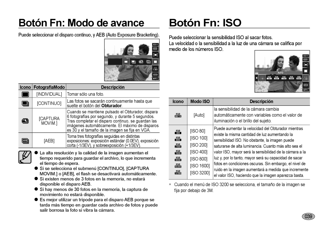 Samsung EC-I100ZGBA/E3, EC-I100ZSBA/E3 manual Botón Fn Modo de avance, Botón Fn ISO, 039, Icono FotografíaModo Descripción 