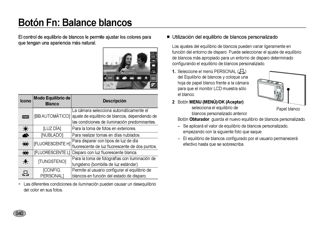 Samsung EC-I100ZSBA/E3, EC-I100ZGBA/E3 Botón Fn Balance blancos, Utilización del equilibrio de blancos personalizado, 040 