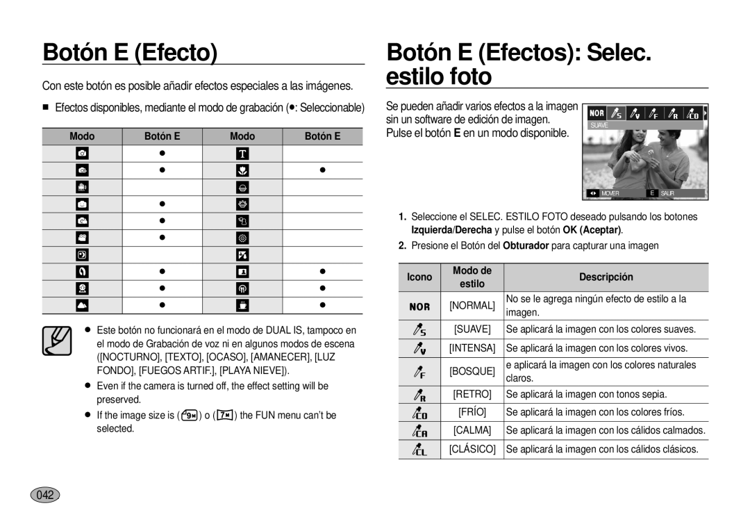 Samsung EC-I100ZBBA/E3, EC-I100ZGBA/E3, EC-I100ZSBA/E3 manual Botón E Efectos Selec. estilo foto, 042, Modo Botón E 