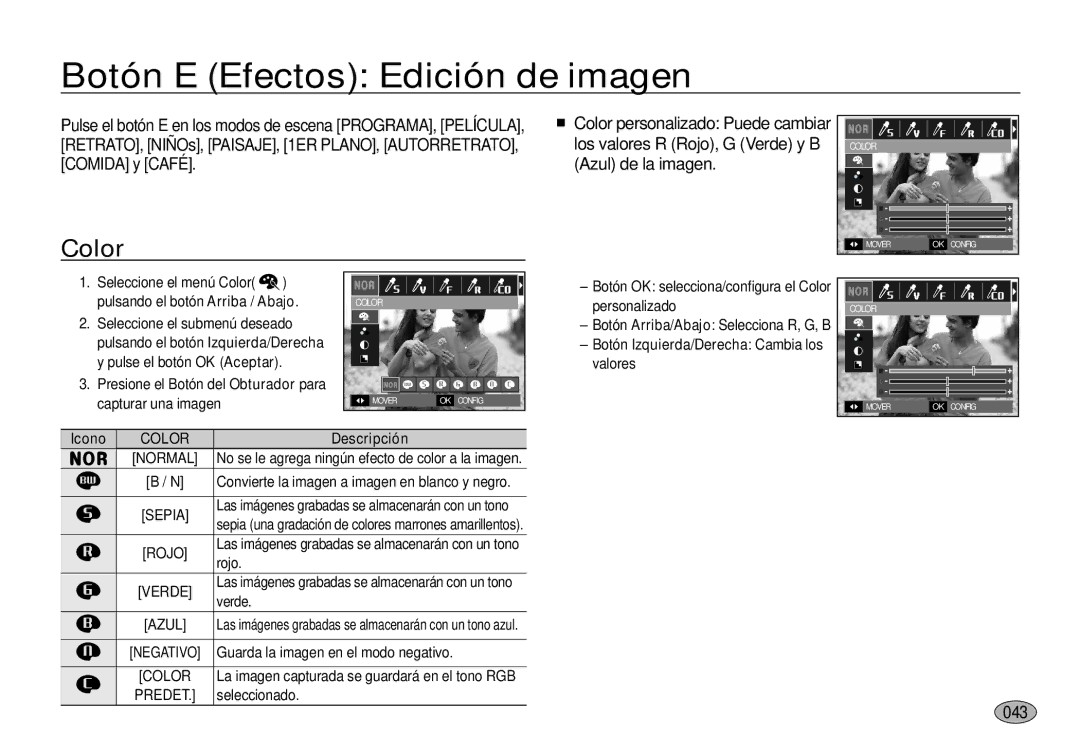 Samsung EC-I100ZSBA/E1 manual Botón E Efectos Edición de imagen, Color, 043, Botón Izquierda/Derecha Cambia los valores 