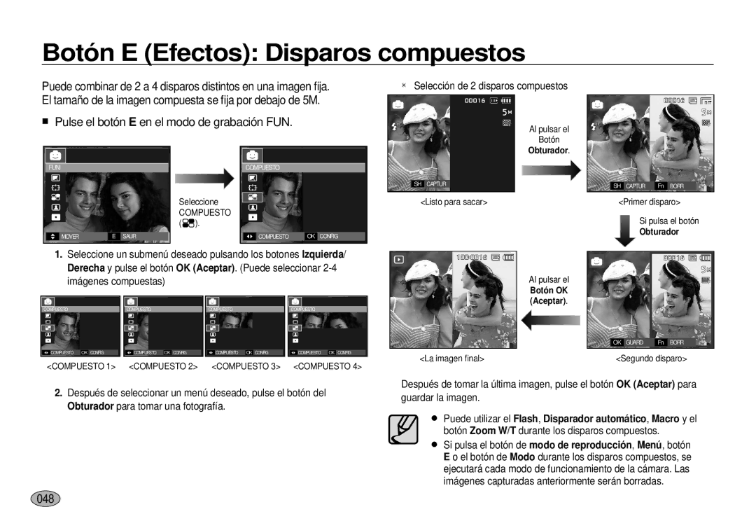 Samsung EC-I100ZSBA/E1 manual Botón E Efectos Disparos compuestos, 048, Selección de 2 disparos compuestos, Compuesto 