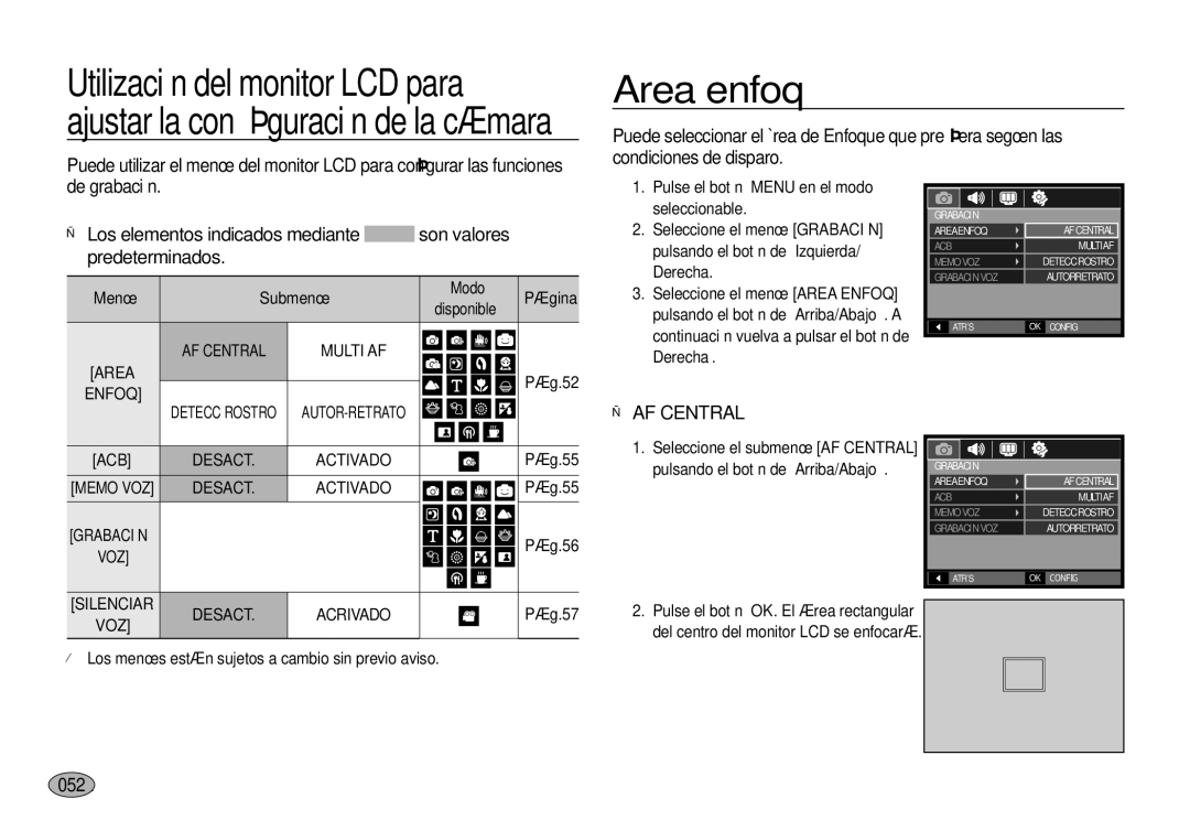 Samsung EC-I100ZBBA/E3, EC-I100ZGBA/E3, EC-I100ZSBA/E3, EC-I100ZRBA/E3, EC-I100ZSBA/E1 manual Area enfoq, 052 