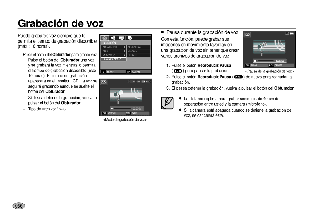 Samsung EC-I100ZRBA/E3, EC-I100ZGBA/E3 Grabación de voz, Varios archivos de grabación de voz, 056, Tipo de archivo *.wav 