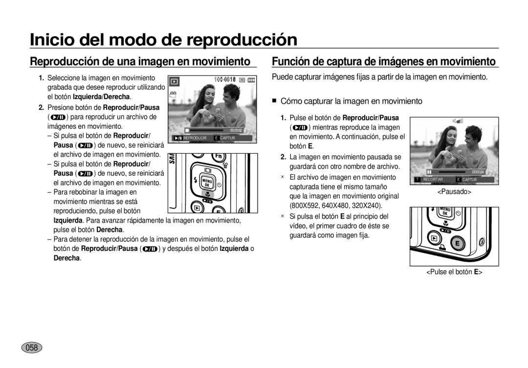 Samsung EC-I100ZSBA/E1, EC-I100ZGBA/E3, EC-I100ZSBA/E3, EC-I100ZRBA/E3, EC-I100ZBBA/E3 058, El botón Izquierda/Derecha, Pausa 