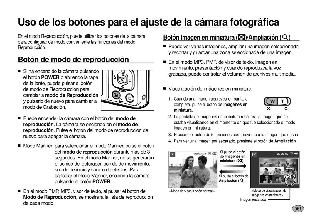 Samsung EC-I100ZRBA/E3 manual Uso de los botones para el ajuste de la cámara fotográﬁca, Botón de modo de reproducción, 061 