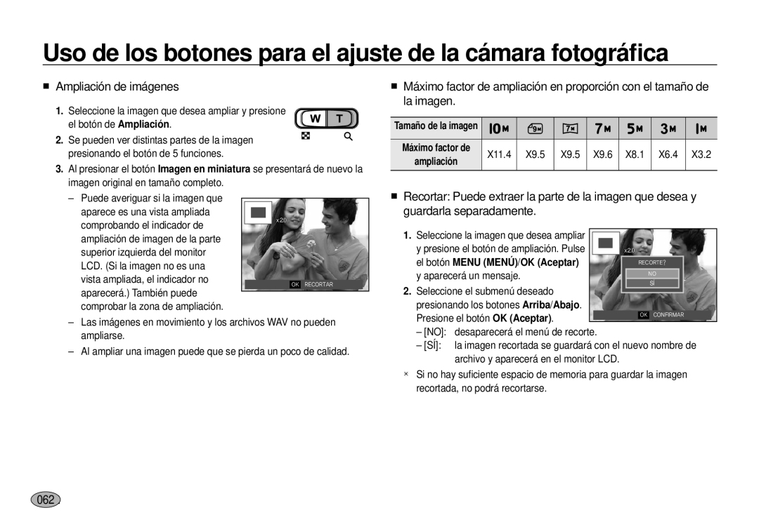 Samsung EC-I100ZBBA/E3 manual Ampliación de imágenes, 062, X11.4 X9.5 X9.6 X8.1 X6.4, El botón Menu MENÚ/OK Aceptar 