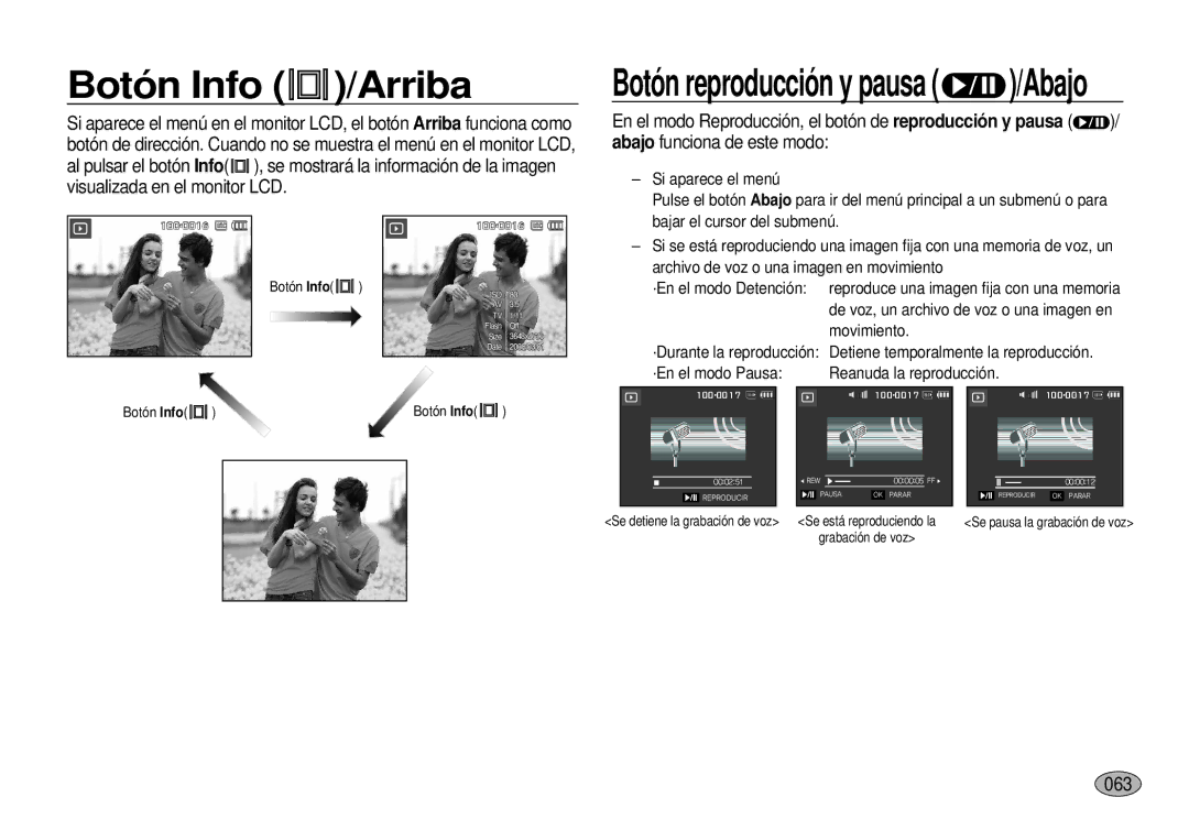 Samsung EC-I100ZSBA/E1, EC-I100ZGBA/E3 manual Botón Info /Arriba, 063, Si aparece el menú, Bajar el cursor del submenú 