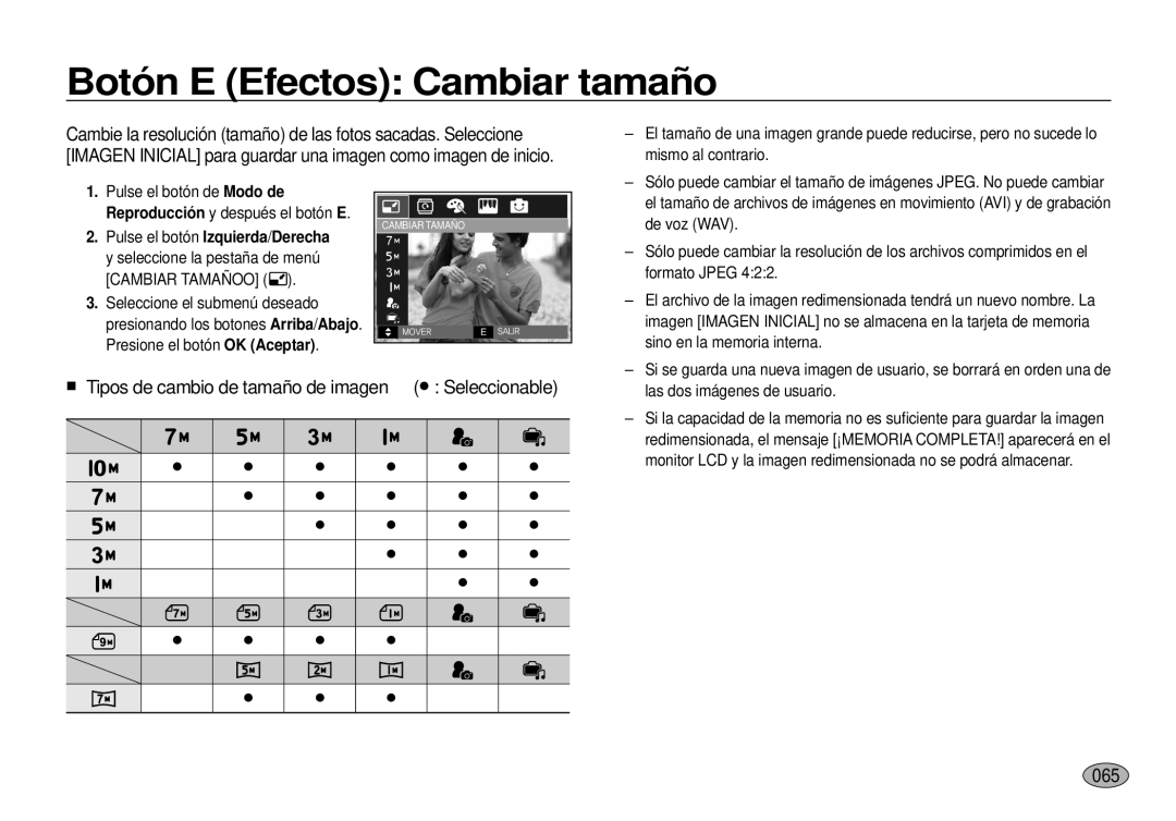 Samsung EC-I100ZSBA/E3 manual Botón E Efectos Cambiar tamaño, Tipos de cambio de tamaño de imagen Seleccionable, 065 