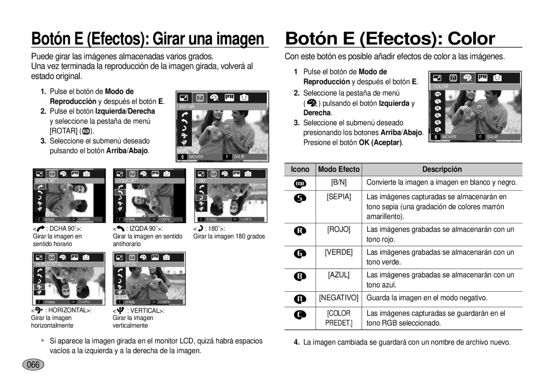 Samsung EC-I100ZRBA/E3, EC-I100ZGBA/E3, EC-I100ZSBA/E3 manual Botón E Efectos Color, 0666, Icono Modo Efecto Descripción 