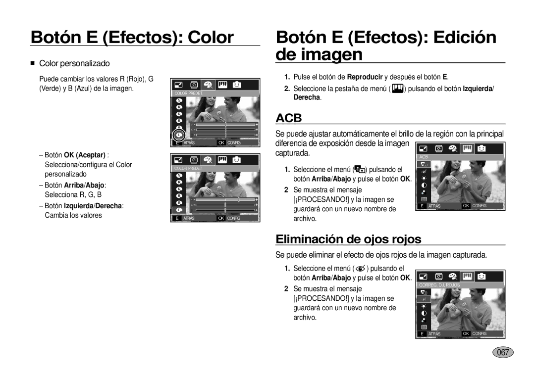 Samsung EC-I100ZBBA/E3 Botón E Efectos Color Botón E Efectos Edición de imagen, Eliminación de ojos rojos, Capturada, 067 