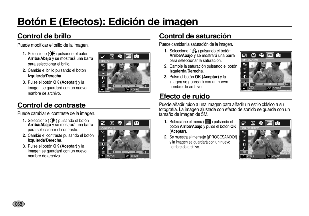 Samsung EC-I100ZSBA/E1, EC-I100ZGBA/E3 manual Control de brillo, Control de saturación, Efecto de ruido Control de contraste 