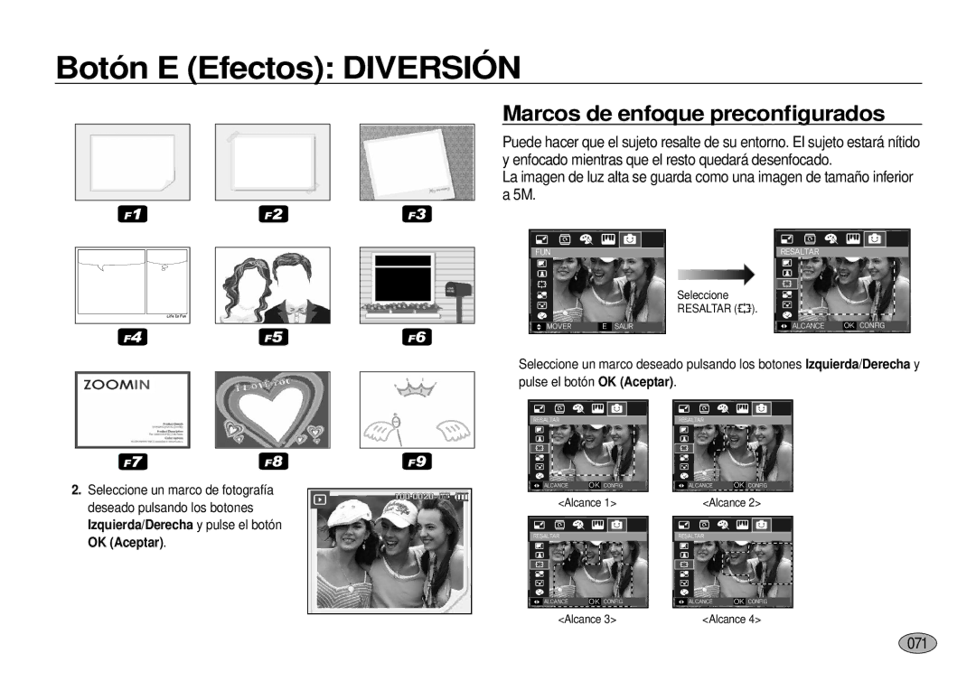 Samsung EC-I100ZRBA/E3, EC-I100ZGBA/E3, EC-I100ZSBA/E3, EC-I100ZBBA/E3, EC-I100ZSBA/E1 Marcos de enfoque preconﬁgurados, 071 