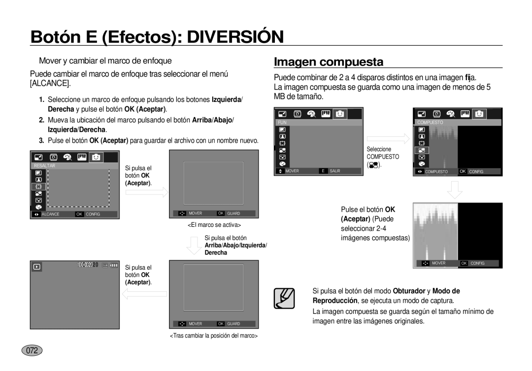 Samsung EC-I100ZBBA/E3, EC-I100ZGBA/E3, EC-I100ZSBA/E3 manual Imagen compuesta, 072, Derecha y pulse el botón OK Aceptar 