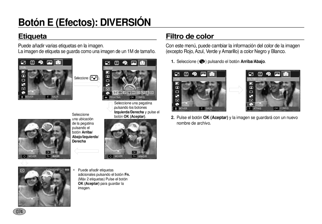 Samsung EC-I100ZGBA/E3, EC-I100ZSBA/E3 manual Etiqueta, Filtro de color, Puede añadir varias etiquetas en la imagen, 074 