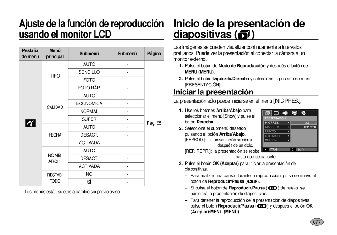 Samsung EC-I100ZBBA/E3 Inicio de la presentación de diapositivas, Iniciar la presentación, 0777, Botón de Reproducir/Pausa 