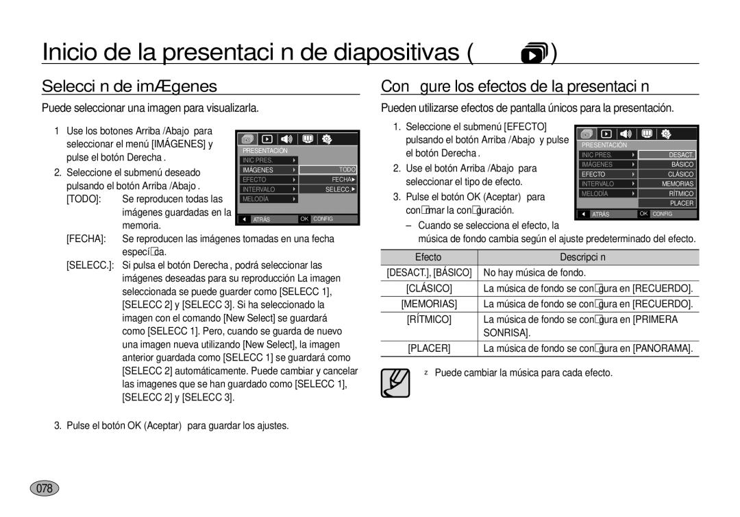 Samsung EC-I100ZSBA/E1 manual Selección de imágenes, Conﬁgure los efectos de la presentación, 078, Efecto Descripción 