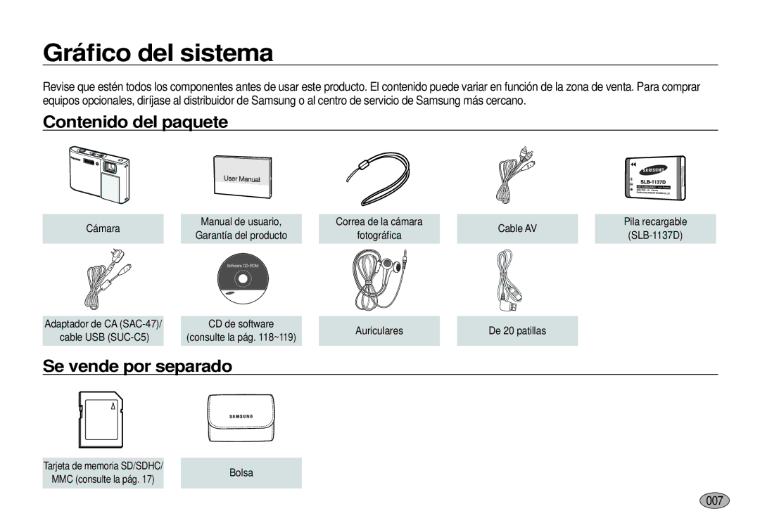 Samsung EC-I100ZBBA/E3, EC-I100ZGBA/E3 manual Gráﬁco del sistema, Contenido del paquete, Se vende por separado, 0007 