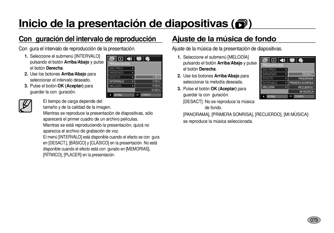 Samsung EC-I100ZGBA/E3 manual Ajuste de la música de fondo, Conﬁgura el intervalo de reproducción de la presentación, 079 