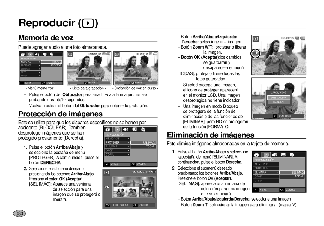 Samsung EC-I100ZSBA/E3, EC-I100ZGBA/E3 manual Reproducir, Memoria de voz, Protección de imágenes, Eliminación de imágenes 