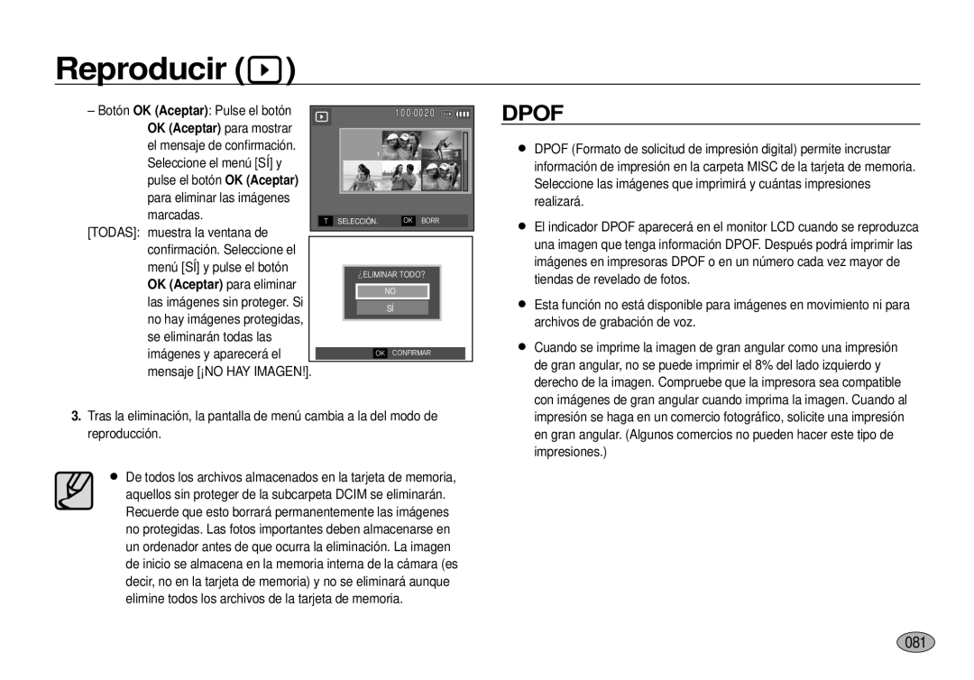 Samsung EC-I100ZRBA/E3, EC-I100ZGBA/E3, EC-I100ZSBA/E3 manual 081, OK Aceptar para mostrar, OK Aceptar para eliminar 