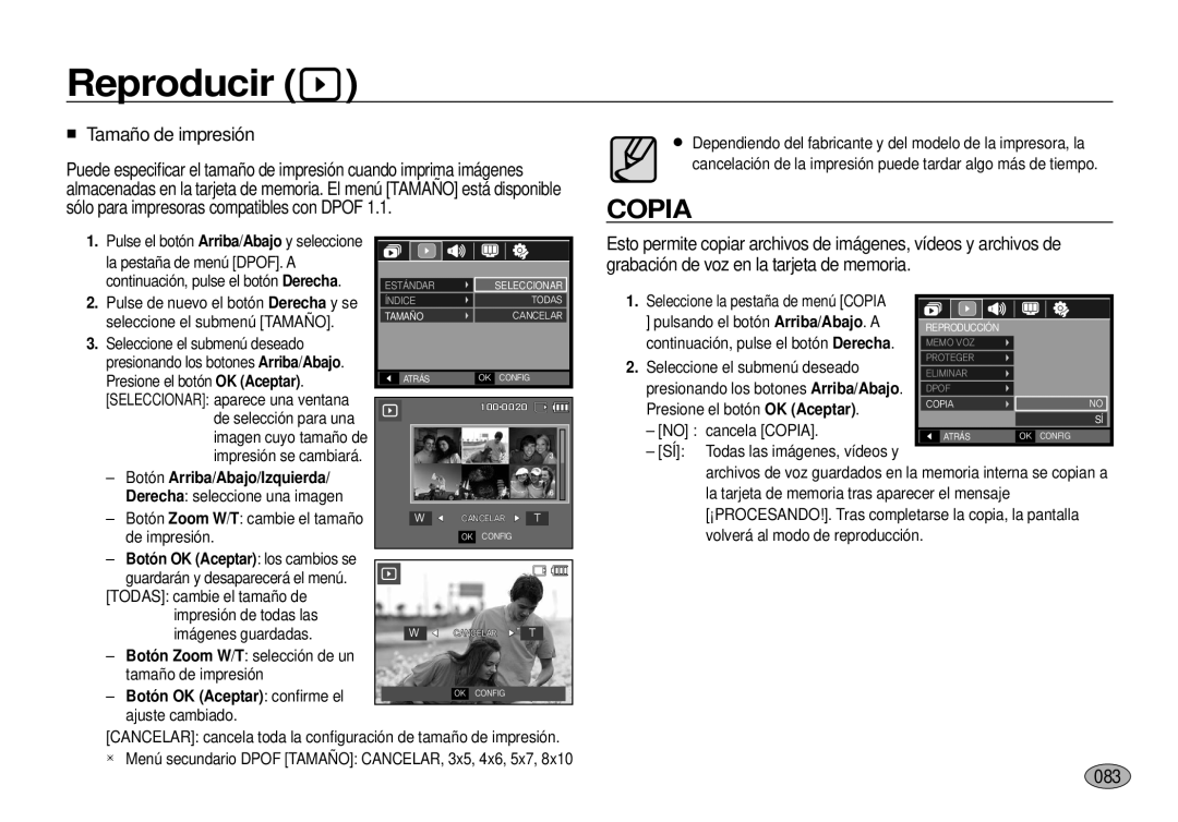 Samsung EC-I100ZSBA/E1, EC-I100ZGBA/E3, EC-I100ZSBA/E3 manual Tamaño de impresión, 083, Botón OK Aceptar los cambios se 