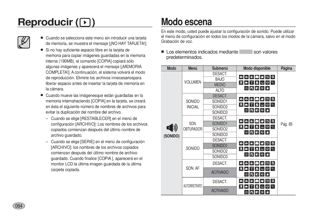 Samsung EC-I100ZGBA/E3, EC-I100ZSBA/E3, EC-I100ZRBA/E3, EC-I100ZBBA/E3, EC-I100ZSBA/E1 manual Modo escena, 084, Modo disponible 