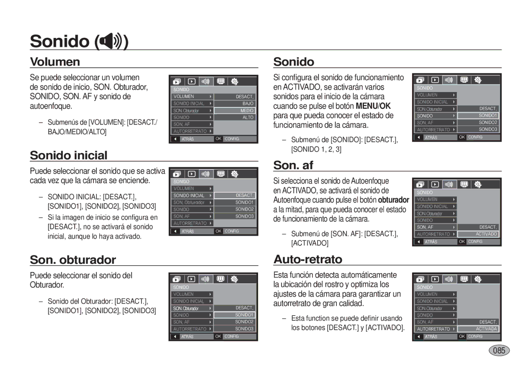 Samsung EC-I100ZSBA/E3, EC-I100ZGBA/E3 manual Volumen Sonido, Sonido inicial Son. af, Son. obturador Auto-retrato 