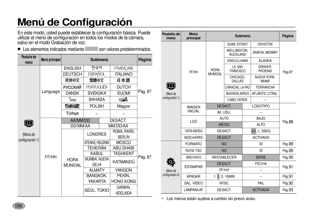 Samsung EC-I100ZRBA/E3, EC-I100ZGBA/E3, EC-I100ZSBA/E3, EC-I100ZBBA/E3 manual Menú de Conﬁguración, 086, Submenú Página 